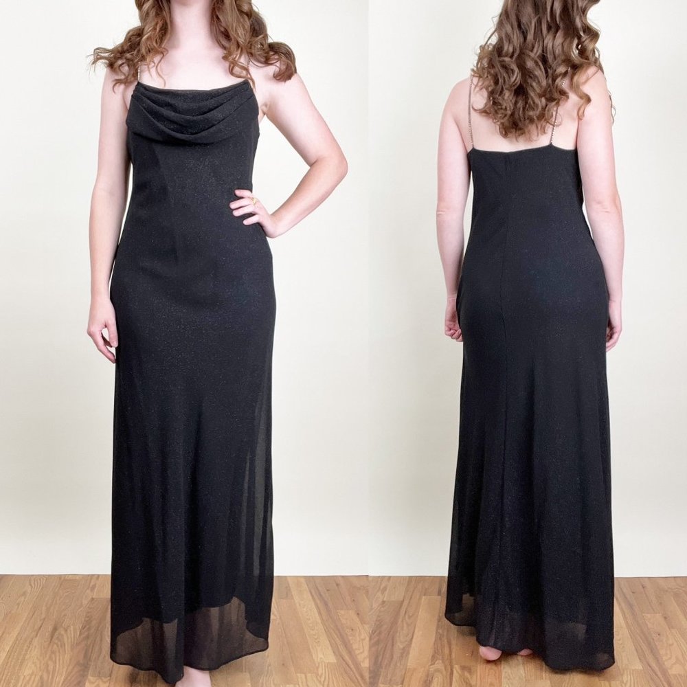 Stunning Vintage Sparkly Draped Cowl Neck Diamond Strap Slip Maxi Dress Gown USA